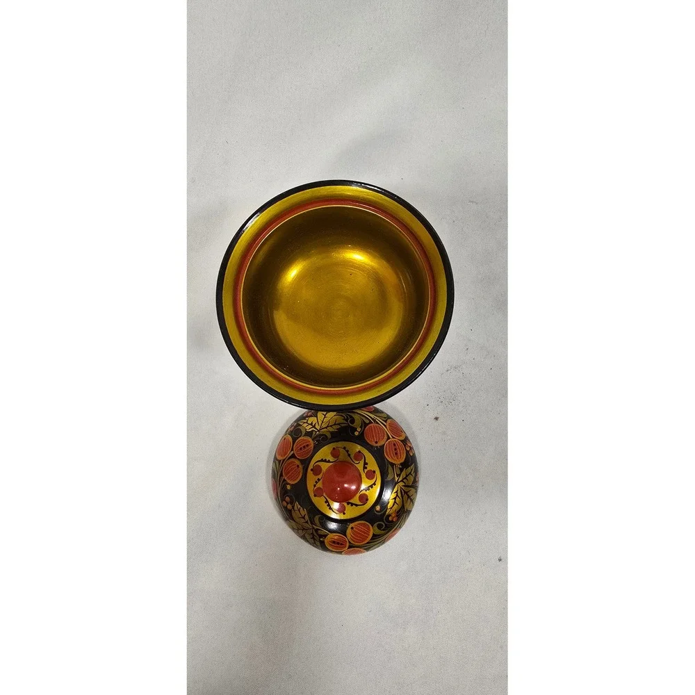 Vtg Russian Khokhloma hand-painted lacquer 2 wooden spoons & 2 lidded‎ container